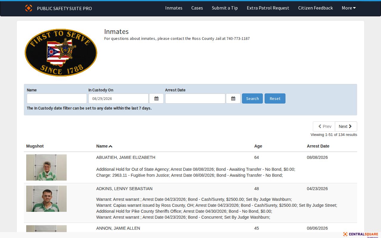 Ross County adult current-custody booking record search interface