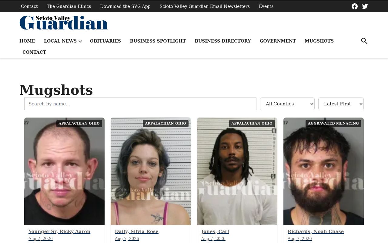 Ross County mugshot news source interface from Scioto Valley Guardian